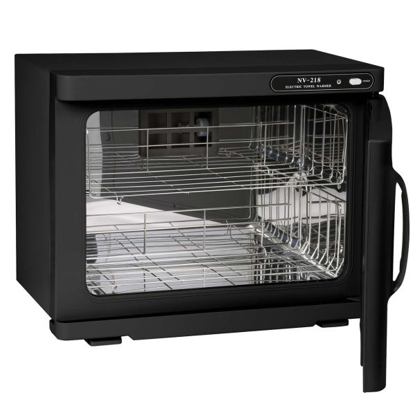 FantaSea hot towel warmer with the door open, showing 2 removable stainless steel racks