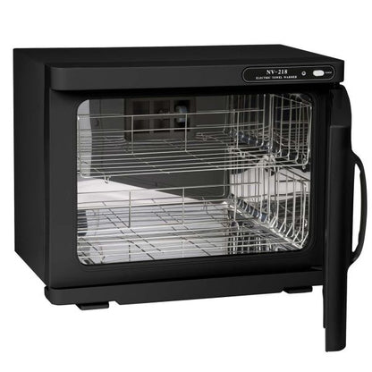 FantaSea hot towel warmer with the door open, showing 2 removable stainless steel racks