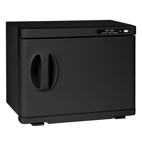 FantaSea black hot towel warmer and UV sterilizer, front view with the door closed