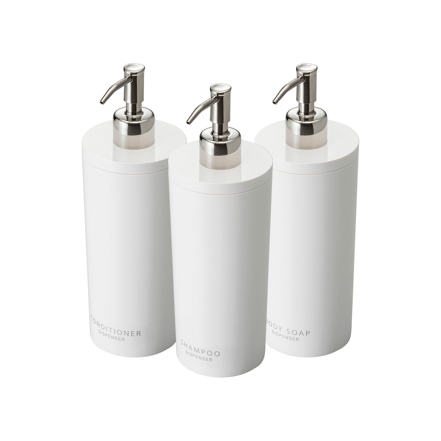 Round Dispenser Bundle - Shampoo, Conditioner, and Body Soap on a white background.