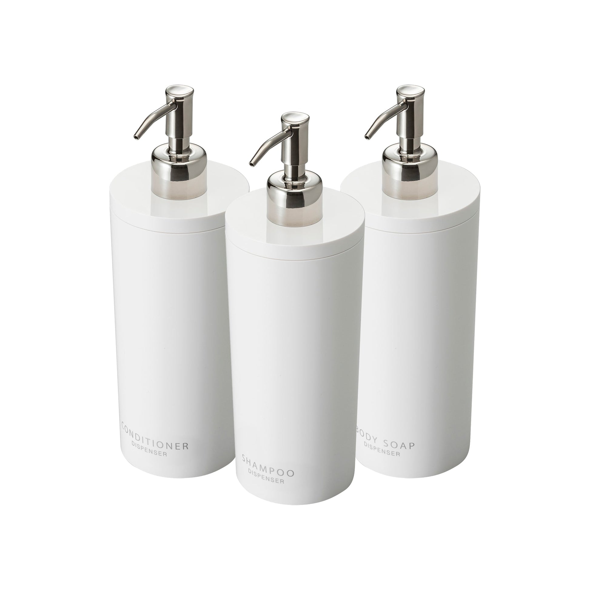 Round Dispenser Bundle - Shampoo, Conditioner, and Body Soap on a white background.