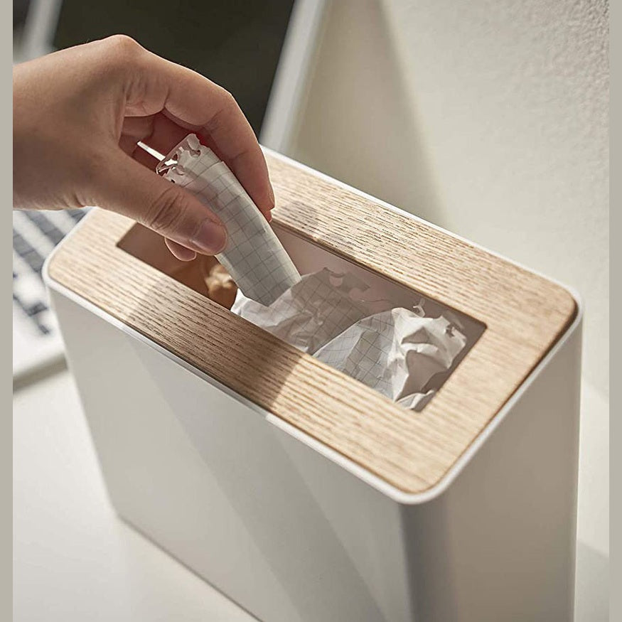 Aerial view of white Countertop Waste Bin holding paper waste by Yamazaki Home.
