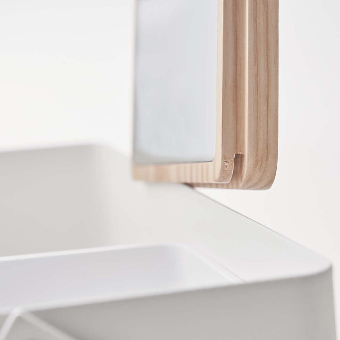Close up view of white Makeup Organizer with lid open on white background by Yamazaki Home.