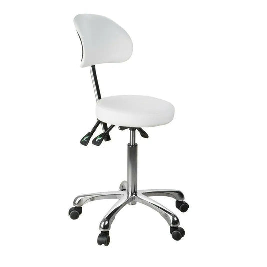 Rolling Stool with Back Support (3 motion) - Silver Fox 1025B - White