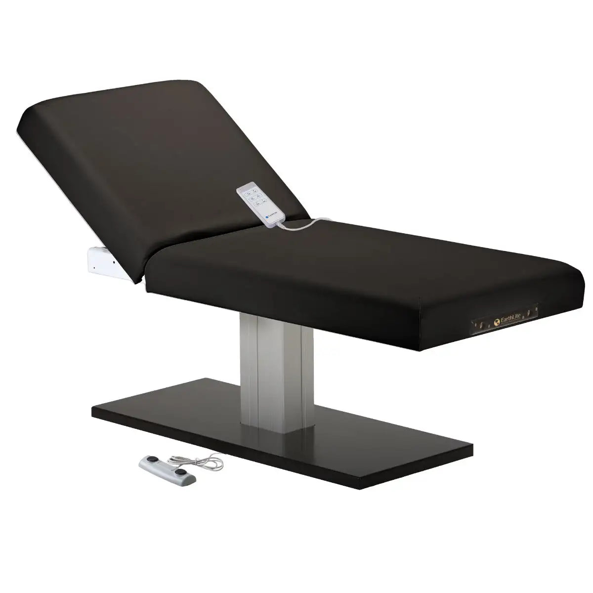 Earthlite Everest Spa electric tilt pedestal massage table in Black lacquer finish, premium spa configuration