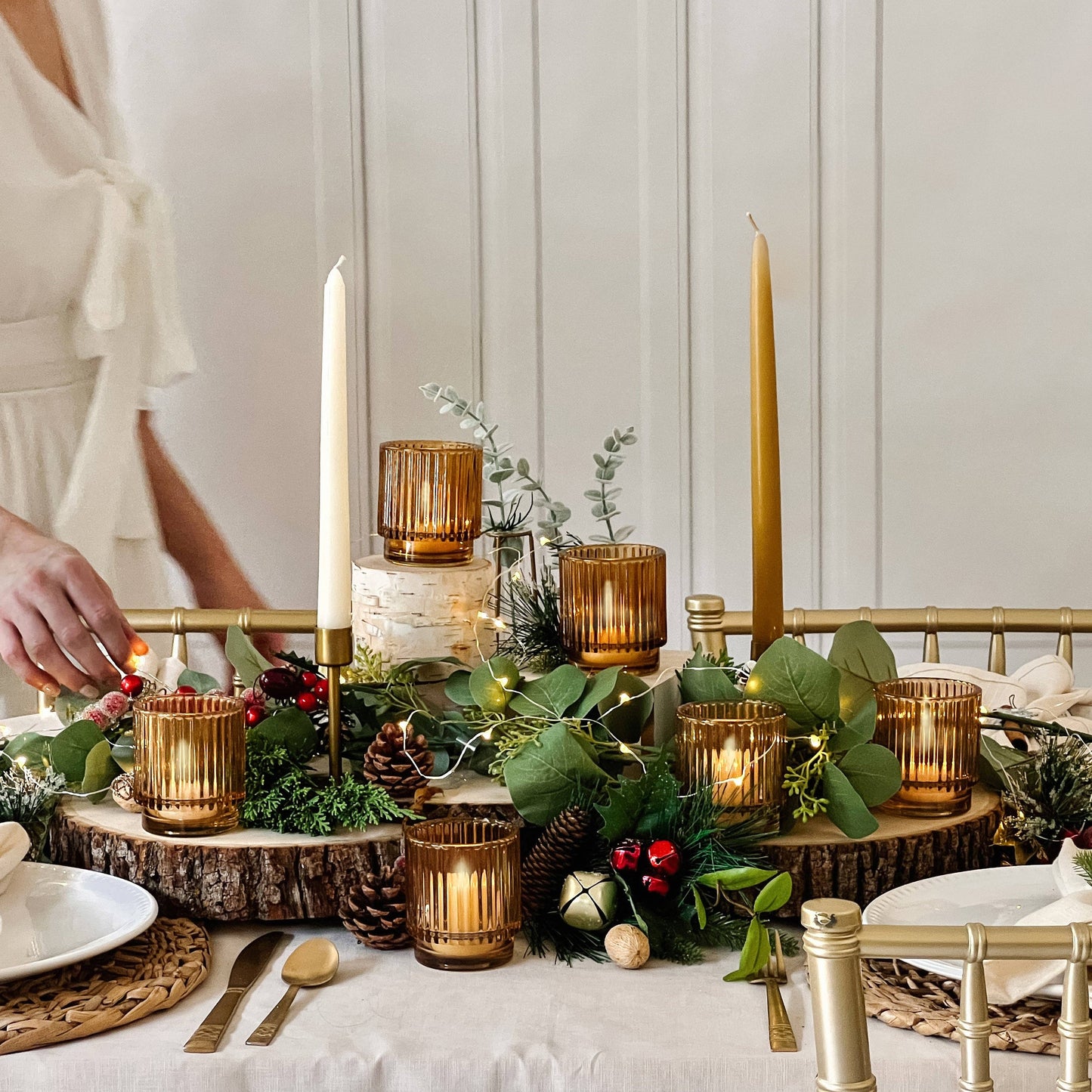 Close-up of the fluted amber glass votive holder