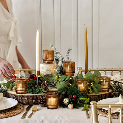 Close-up of the fluted amber glass votive holder
