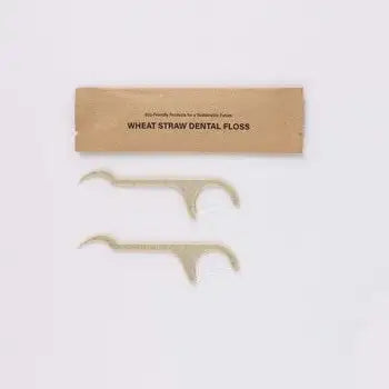 Tess wheat straw fiber dental floss 2-pack with mint flavor in FSC kraft sachet