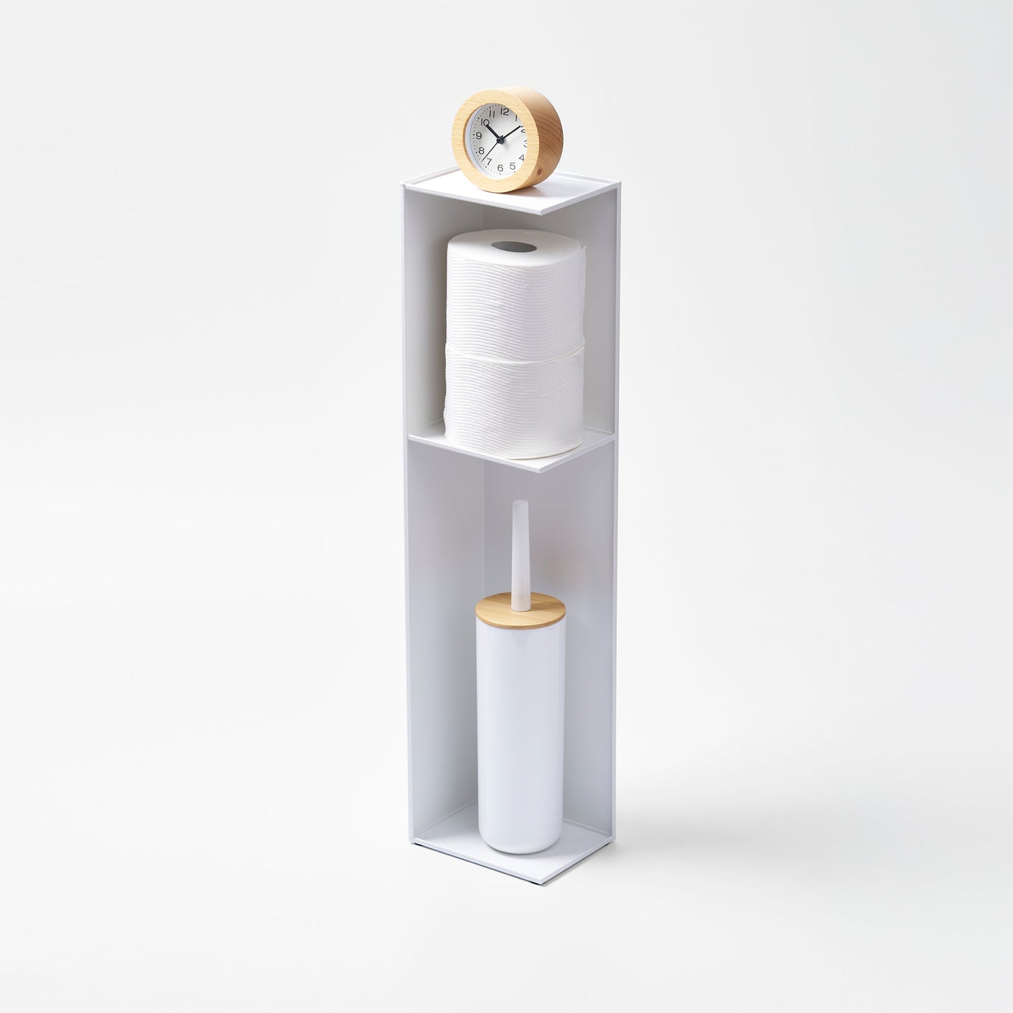 Yamazaki Home Bathroom Organizer with props, set against a white background.
