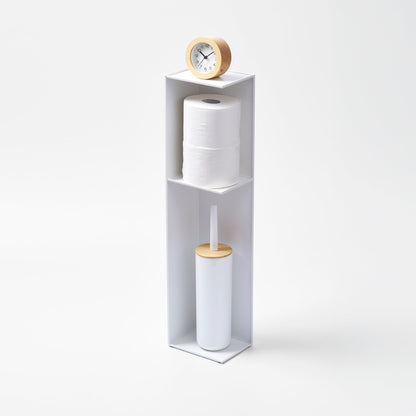 Yamazaki Home Bathroom Organizer with props, set against a white background.