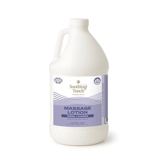 Soothing Touch Herbal Lavender Massage Lotion, 1/2 gallon mid-volume jug of plant-based lavender Ayurvedic lotion