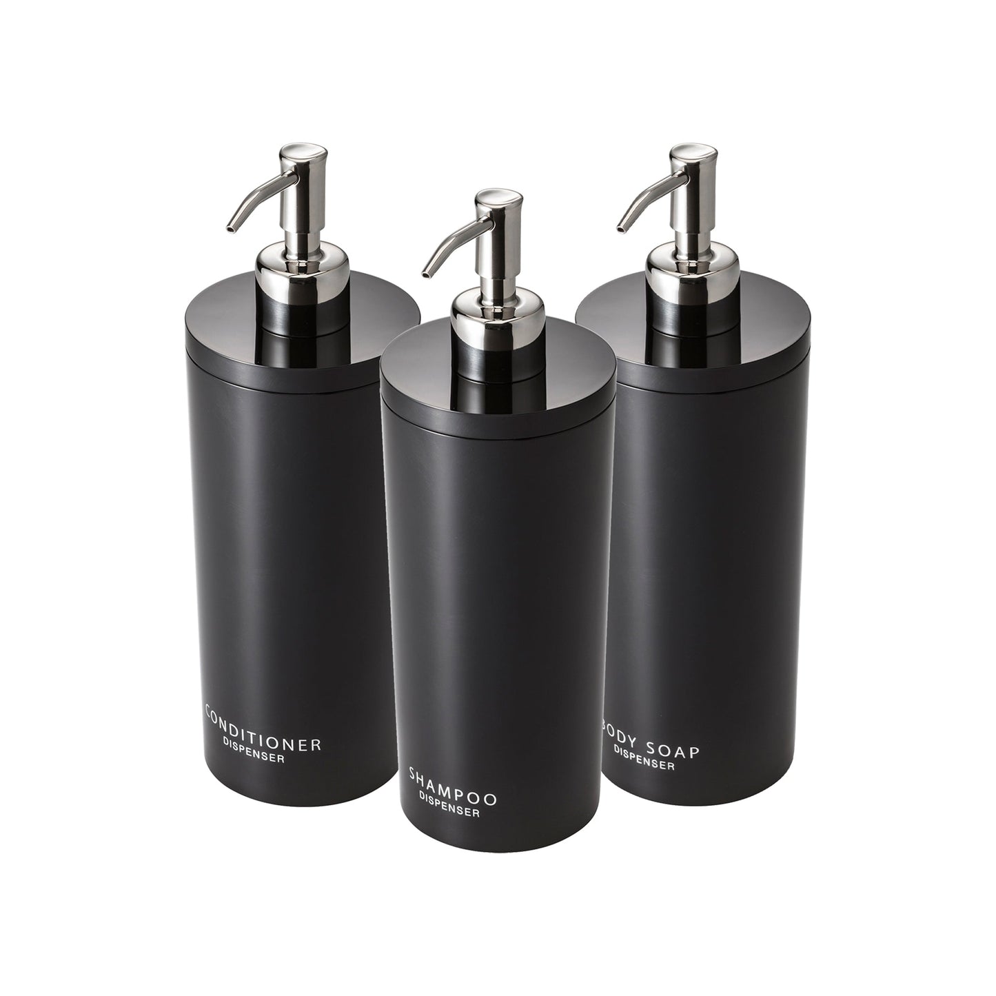 Round Dispenser Bundle - Shampoo, Conditioner, and Body Soap on a white background.