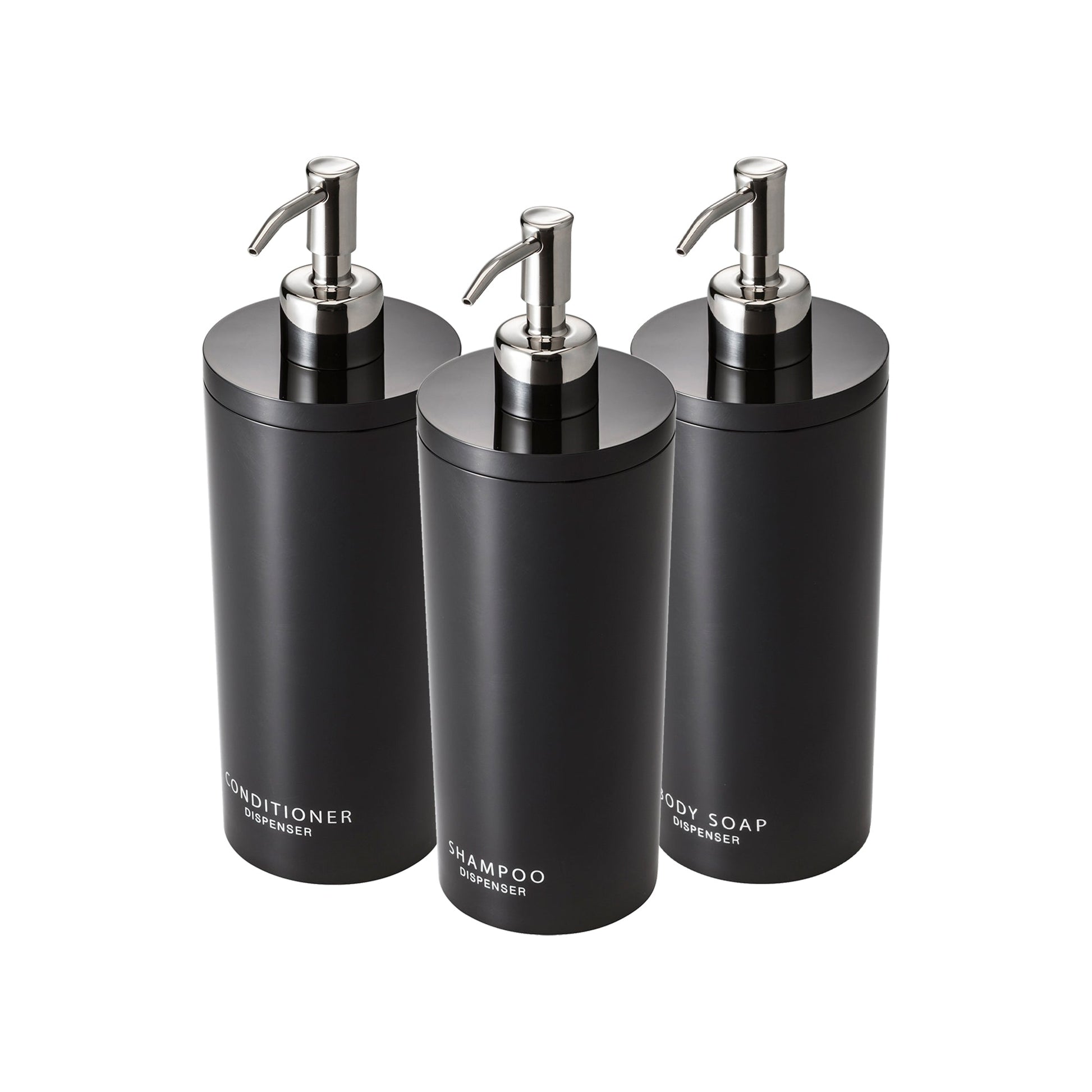 Round Dispenser Bundle - Shampoo, Conditioner, and Body Soap on a white background.
