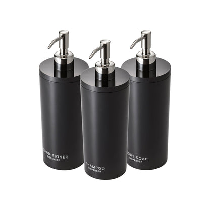 Round Dispenser Bundle - Shampoo, Conditioner, and Body Soap on a white background.
