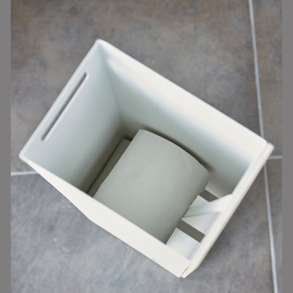 Aerial view of white Toilet Paper Stocker without cover holding toilet paper rolls by Yamazaki home.
