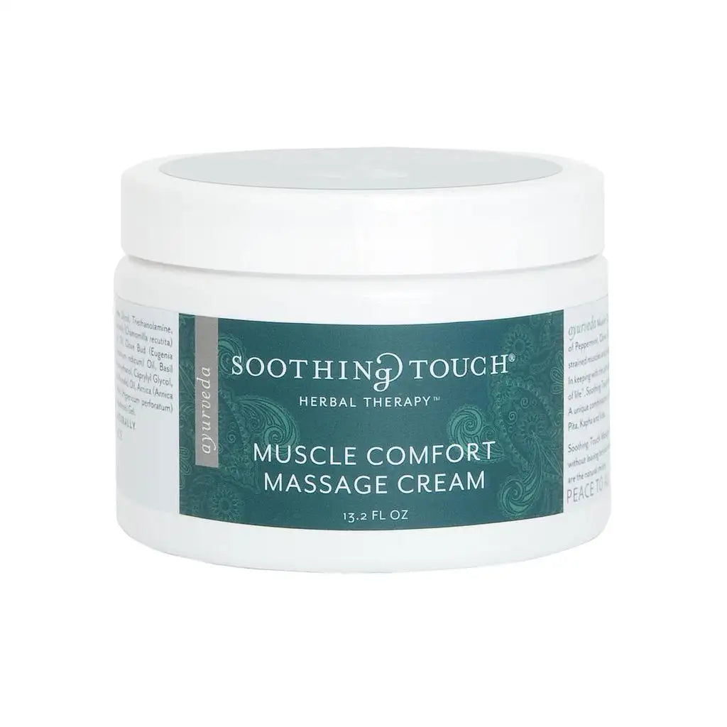 Soothing Touch Muscle Comfort Cream, 13.2 oz pump bottle of sore-muscle massage cream with peppermint, eucalyptus, clove, arnica, ginger