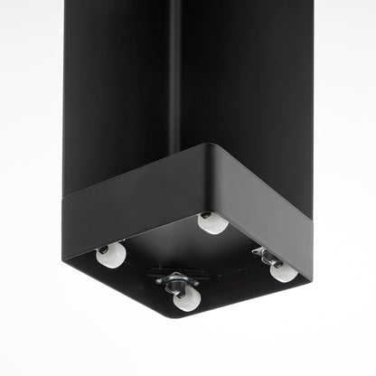 Close up view of underside of black Yamazaki Home Rolling Bathroom Organizer showing its wheels