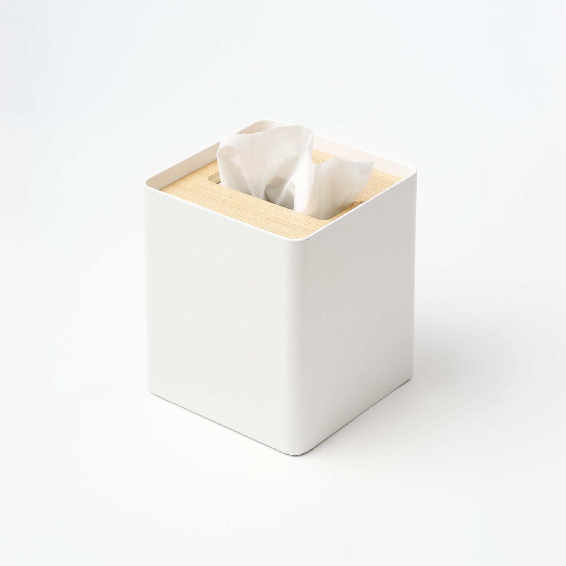 Yamazaki Home Tissue Box Cover - Square with props, set against a white background.