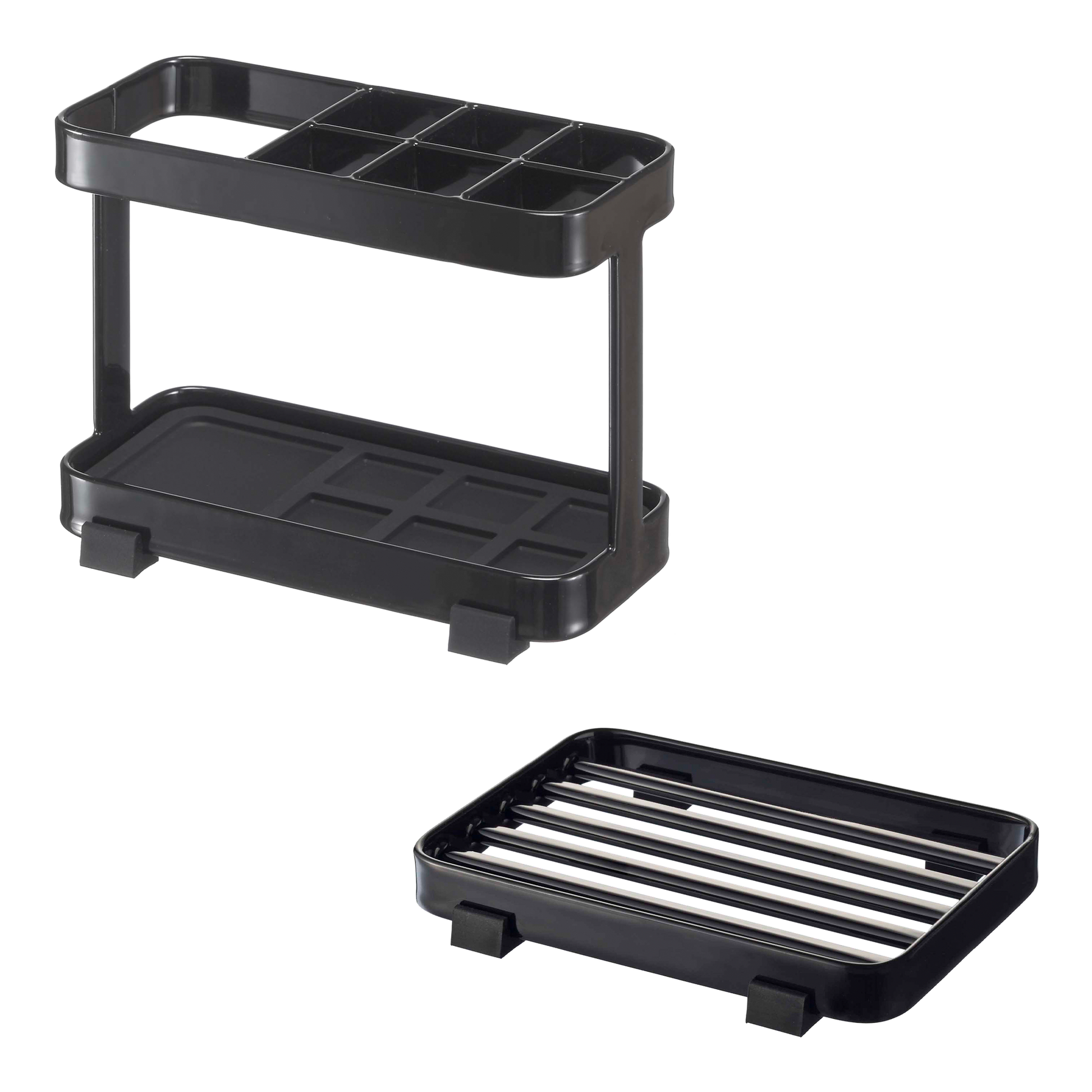 Slotted Soap Tray & Toothbrush + Toiletries Stand - Steel on a blank background.