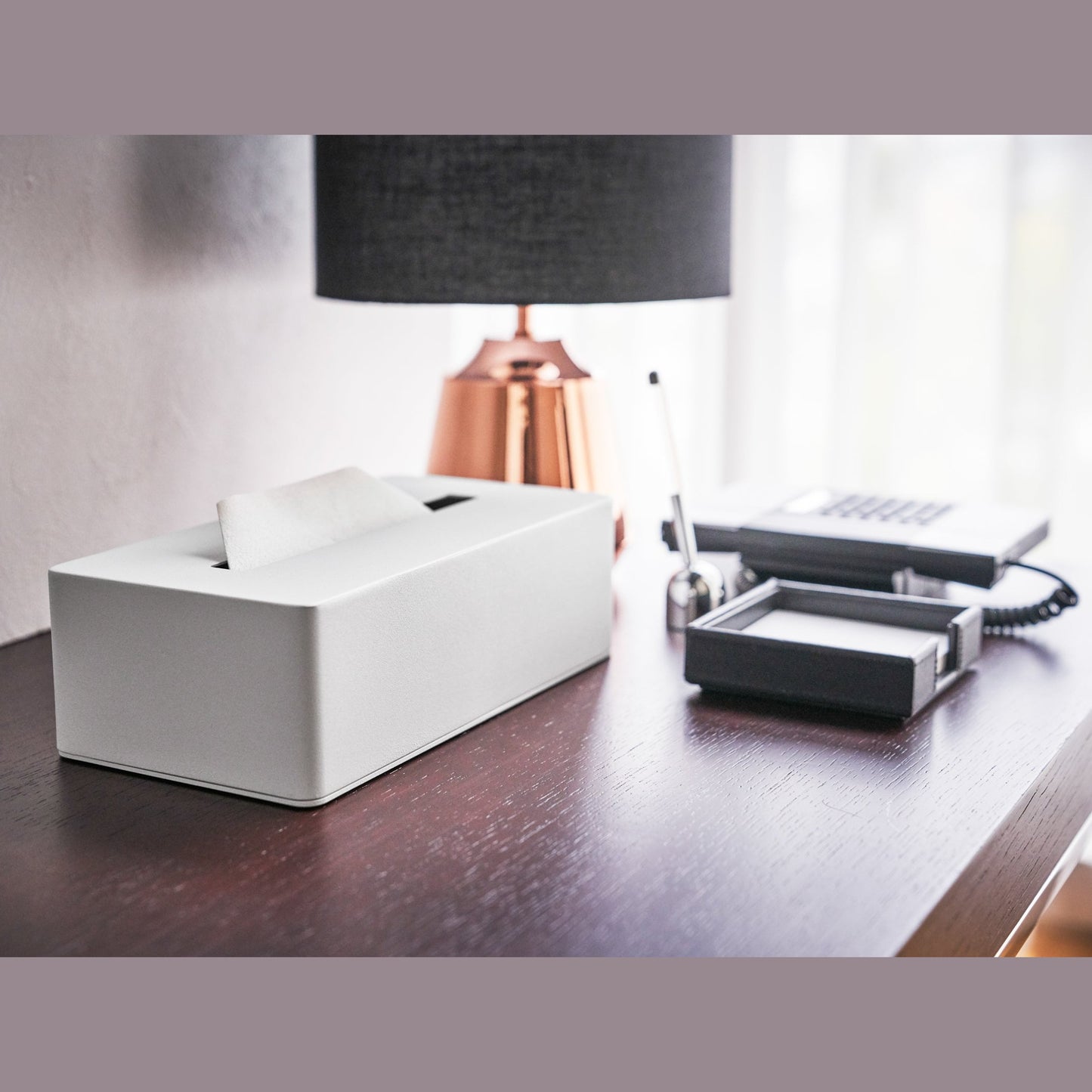 White Tissue Case on office desk by Yamazaki Home.