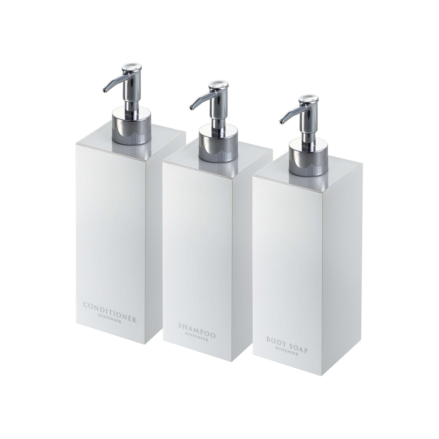 Square Dispenser Bundle - Shampoo, Conditioner, and Body Soap on a white background.