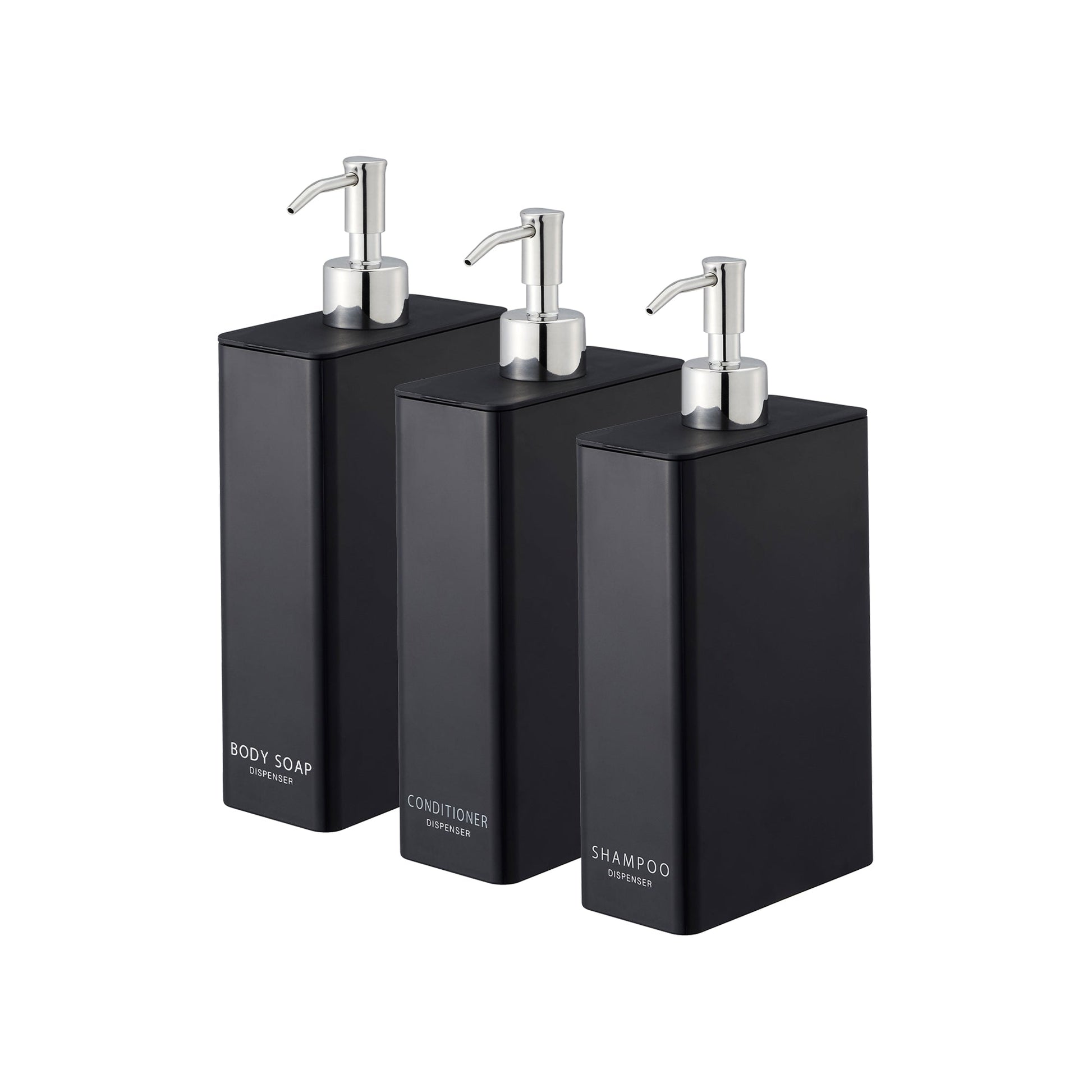 Black Rectangle Dispenser Bundle - Shampoo, Conditioner, and Body Soap on a white background.
