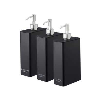 Black Rectangle Dispenser Bundle - Shampoo, Conditioner, and Body Soap on a white background.