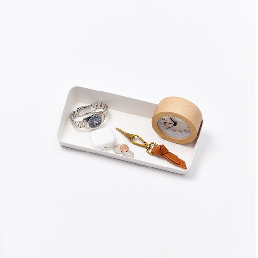 Yamazaki Home Vanity Tray - Angled - Two Sizes with props, set against a white background.