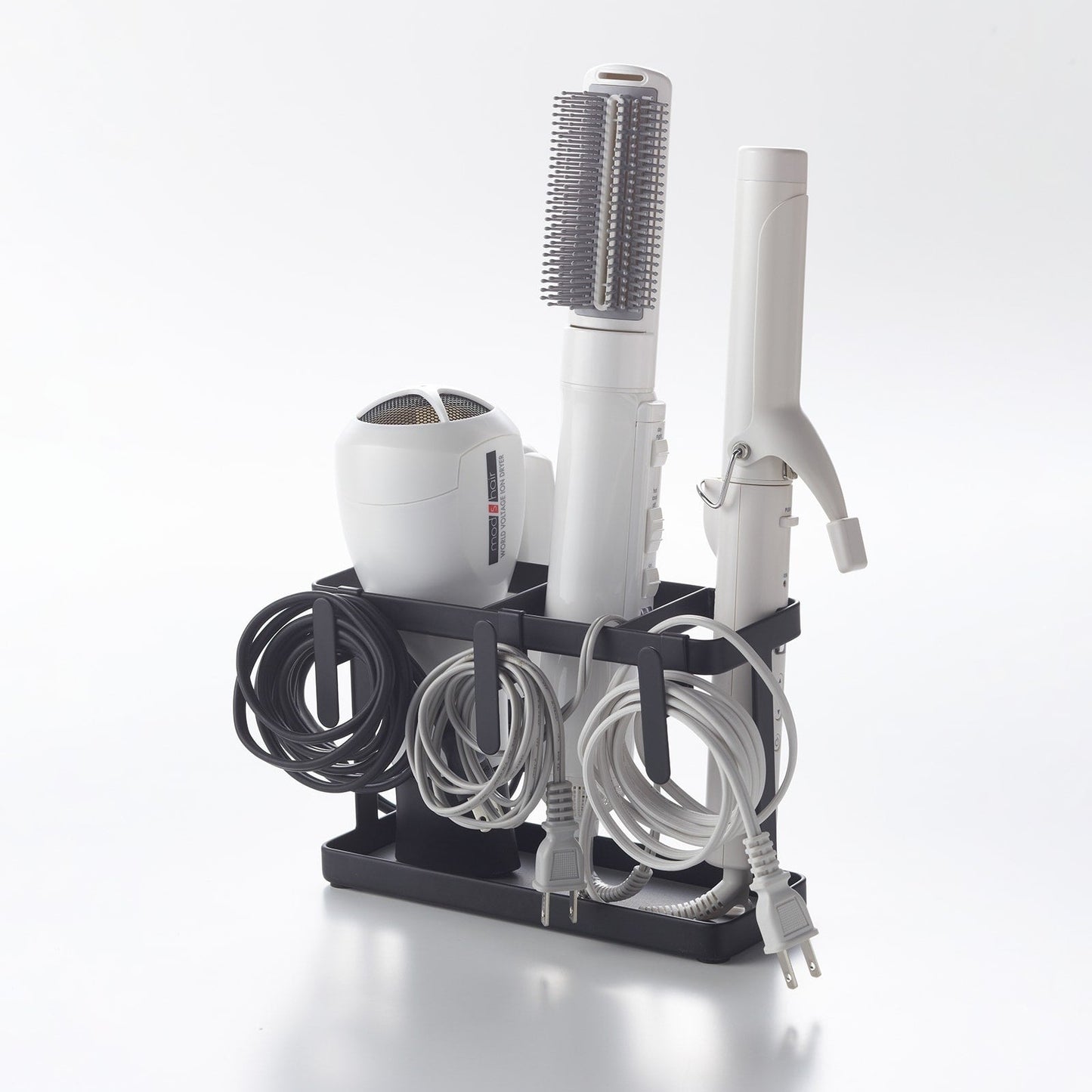 Yamazaki Home Black Hair Tool and Styling Accessory Organizer with hair dryers