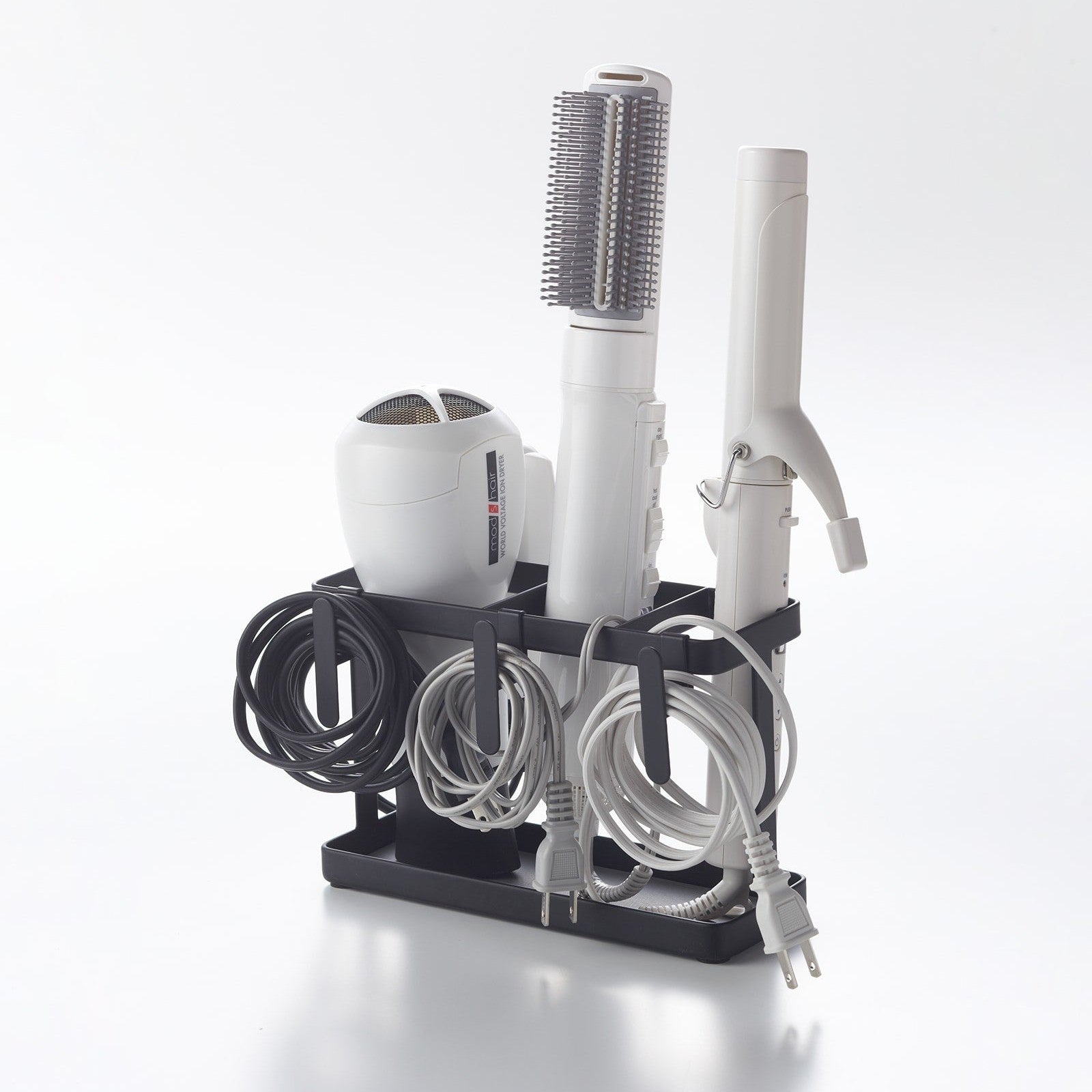 Yamazaki Home Black Hair Tool and Styling Accessory Organizer with hair dryers
