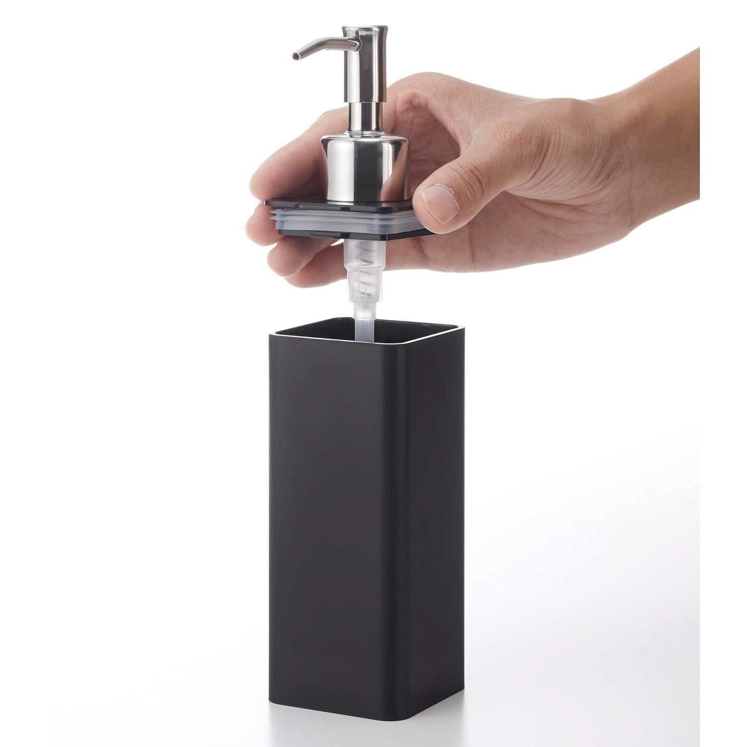 Removing lid from black Yamazaki Home square soap dispenser