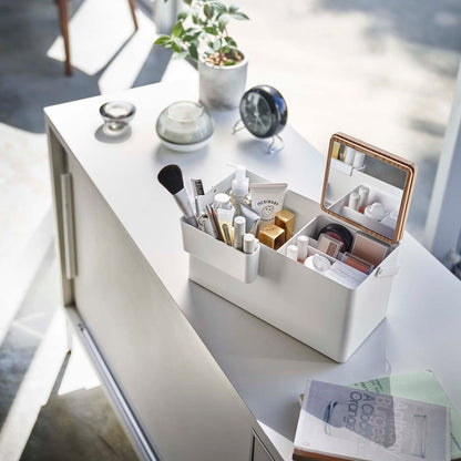 Open white Makeup Organizer holding makeup by Yamazaki Home.
