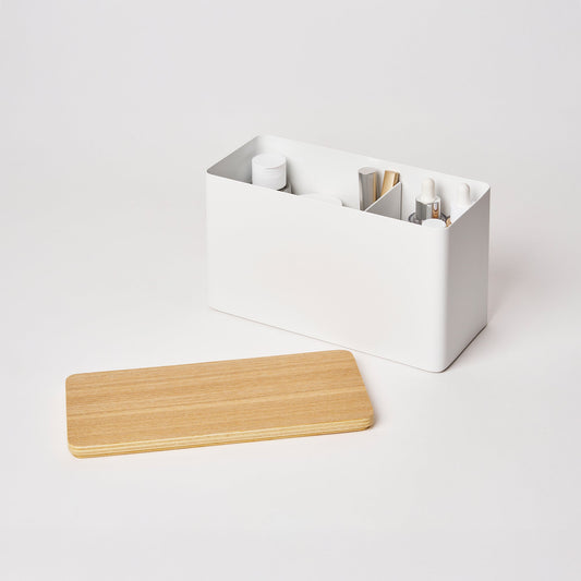 Yamazaki Home Countertop Organizer - White with props, set against a white background.