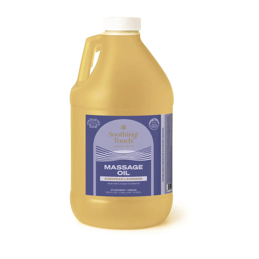 Soothing Touch European Lavender Massage Oil, 1 gallon backbar jug of true Lavandula angustifolia scented professional massage oil