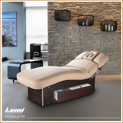 LEMI Portofino Evo 3 Motor Spa Table with Electrically Adjustable Height, Back and Legs, Storage Cabinet Base, Foot Pedal Control and 4.72" Thick Mattress