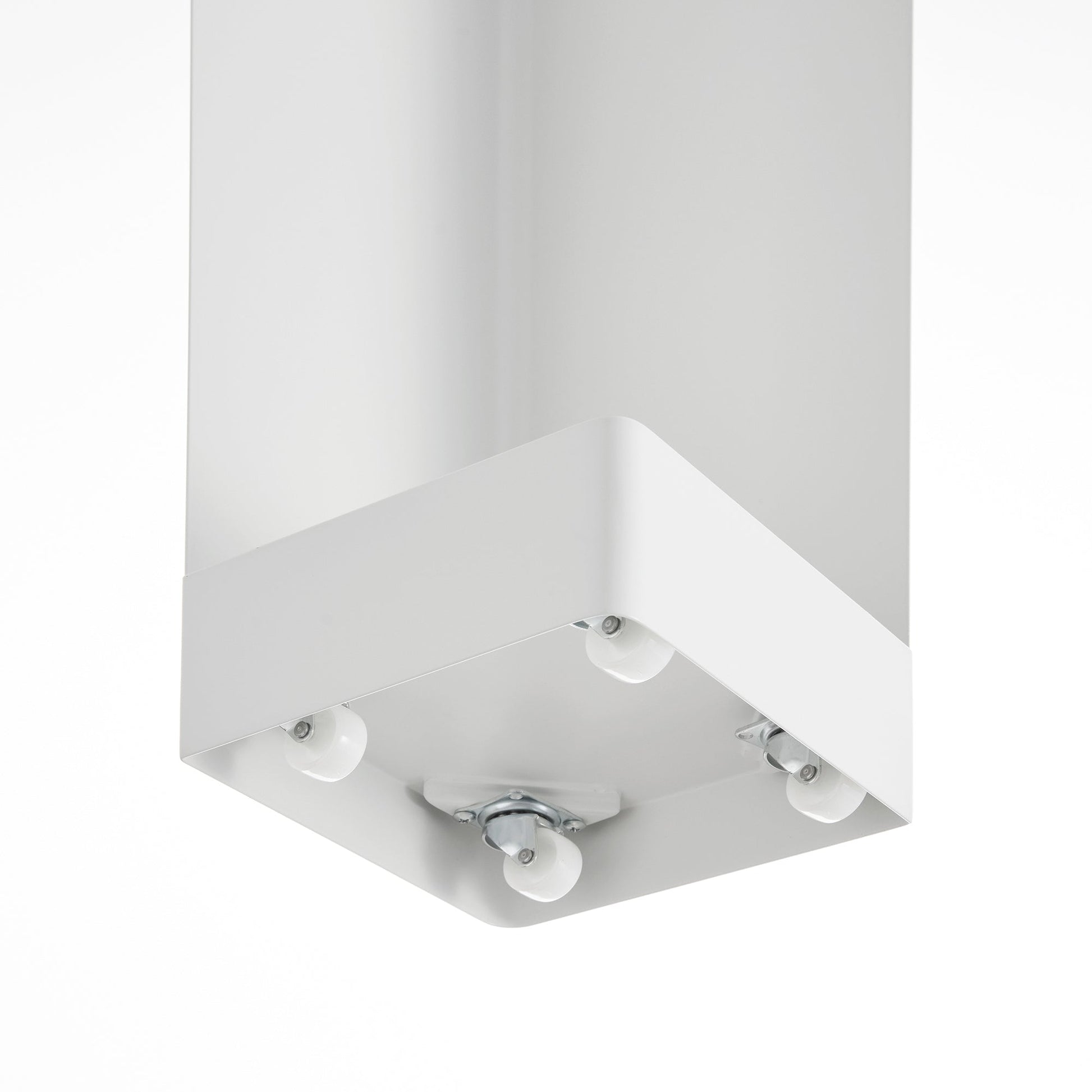 Close up view of underside of white Yamazaki Home Rolling Bathroom Organizer showing its wheels