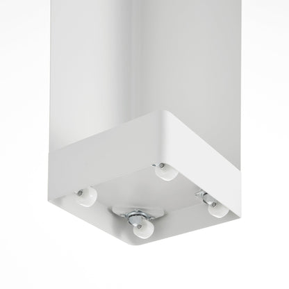 Close up view of underside of white Yamazaki Home Rolling Bathroom Organizer showing its wheels