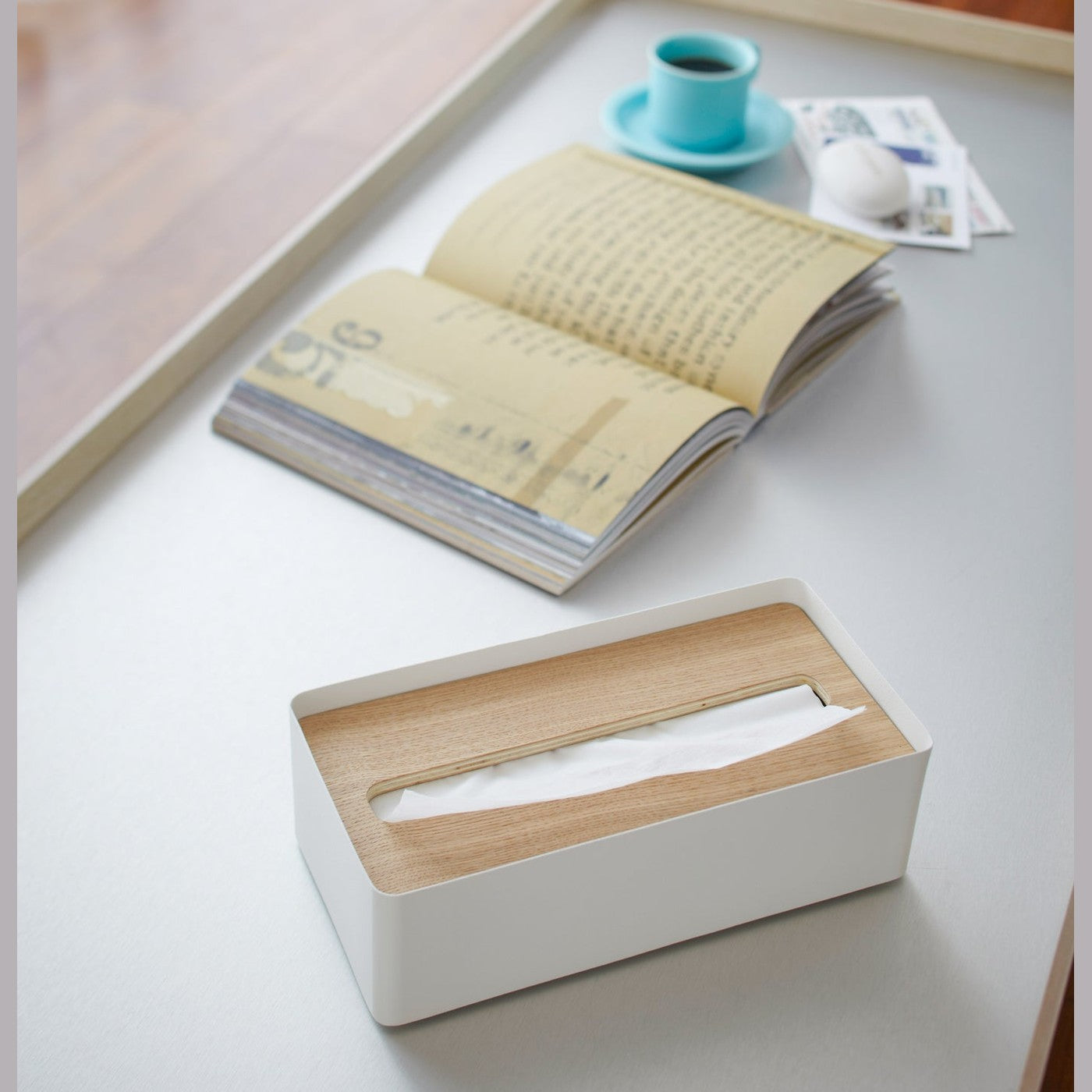White Tissue Case on desk by Yamazaki Home.