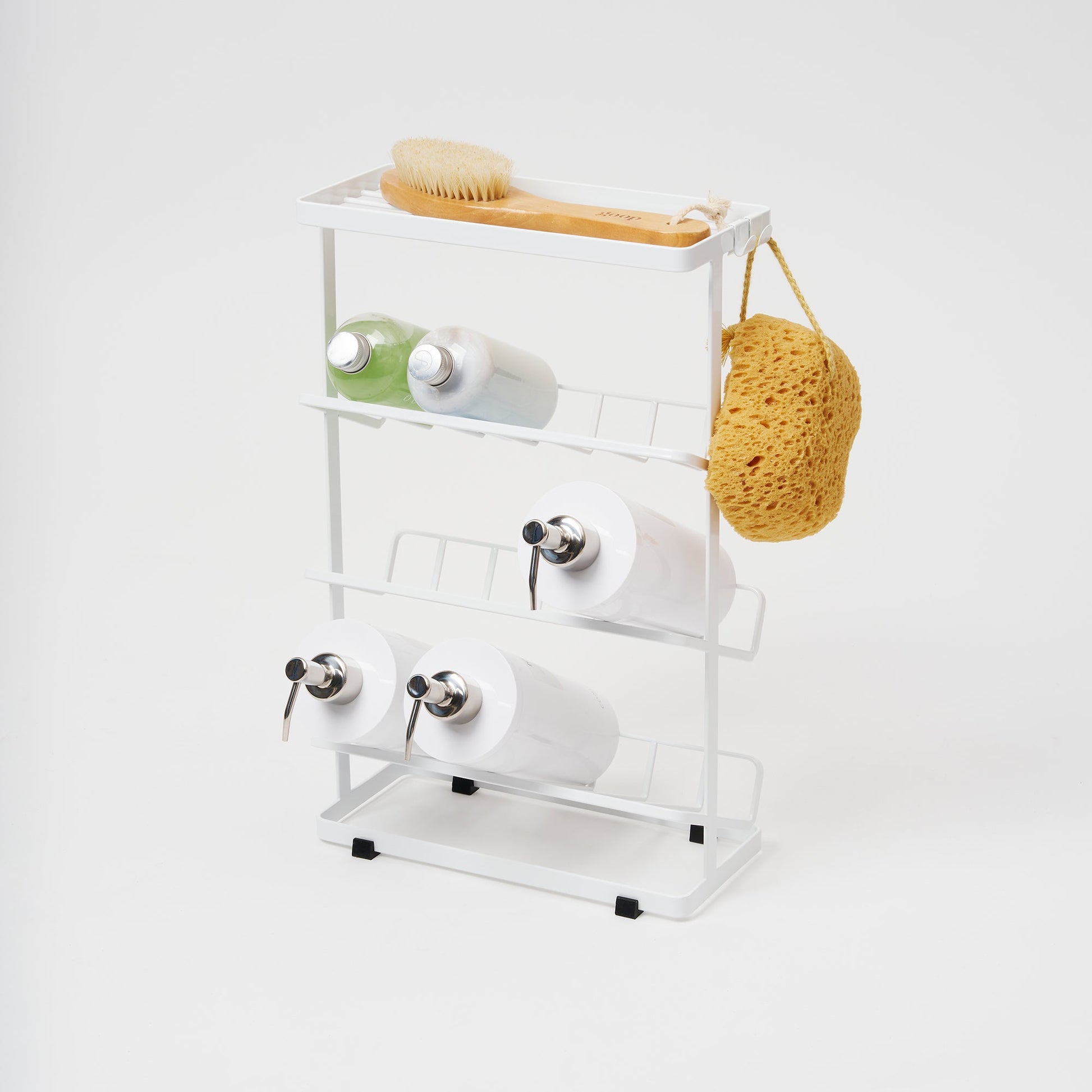 Yamazaki Home Shower Caddy - Three Sizes with props, set against a white background.