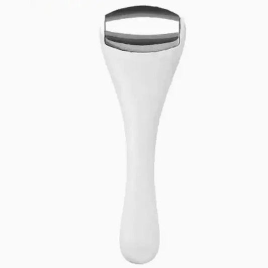 Matte white facial ice roller with polished stainless steel rolling head on white background