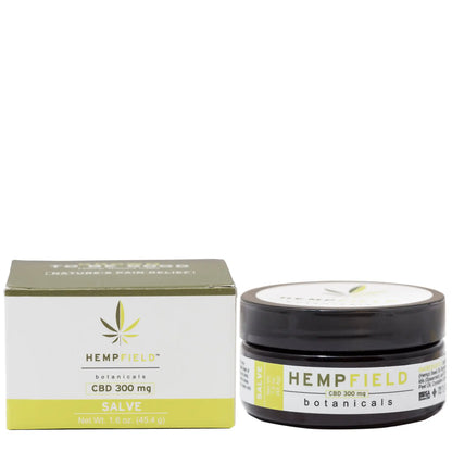 Hempfield Naturals CBD 300 mg Massage Salve packaging showing jar and box with hemp leaf logo
