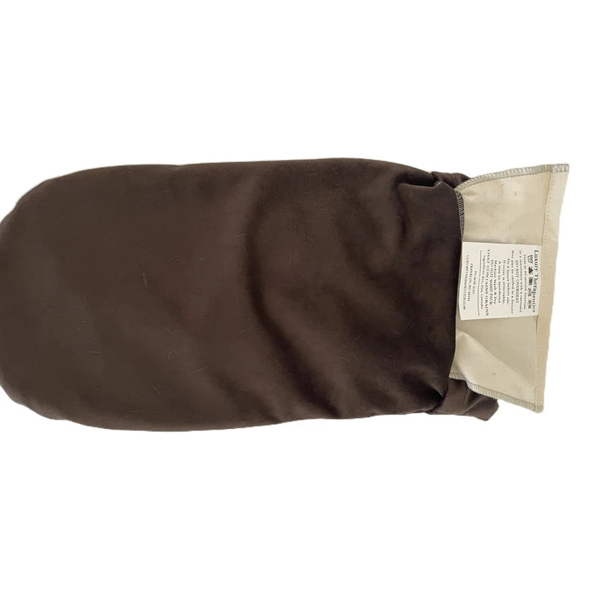Brown Luxury Therapeutics spa mitt with care label and lining