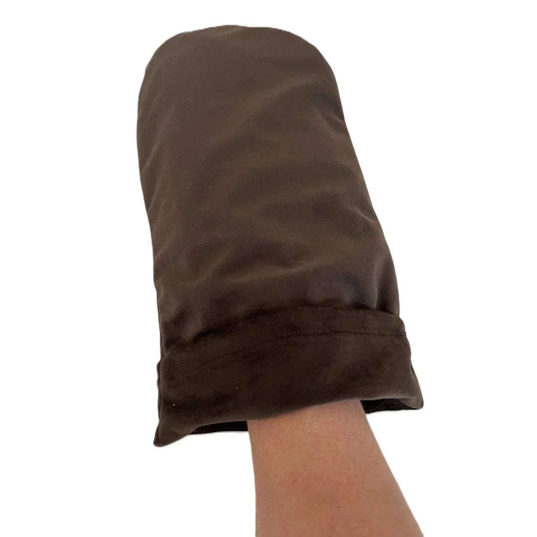 Brown hand treatment mitt worn on forearm for heat therapy
