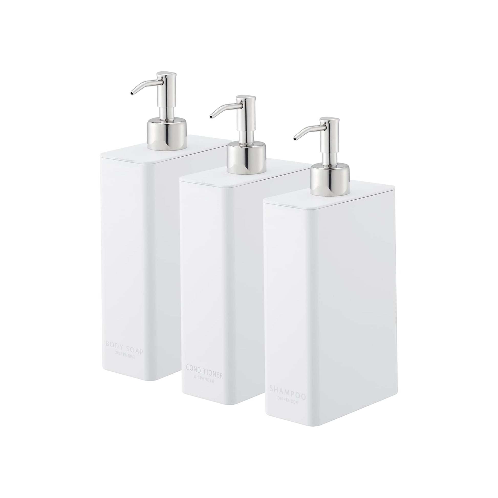 Rectangle Dispenser Bundle - Shampoo, Conditioner, and Body Soap on a white background.