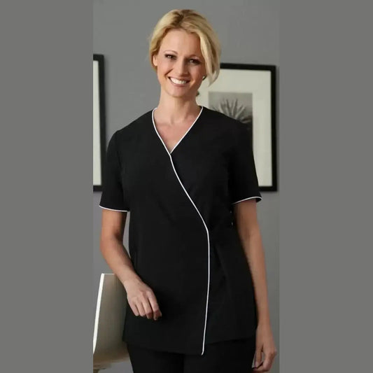 Sofia Wrap Uniform - Black with White Piping