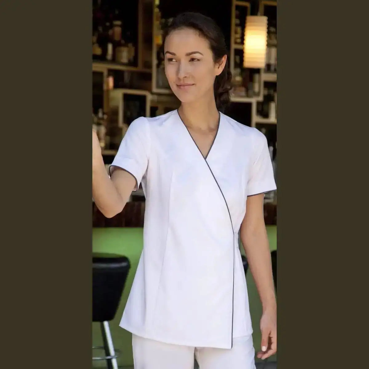 Sofia Wrap Uniform - White with Charcoal Piping