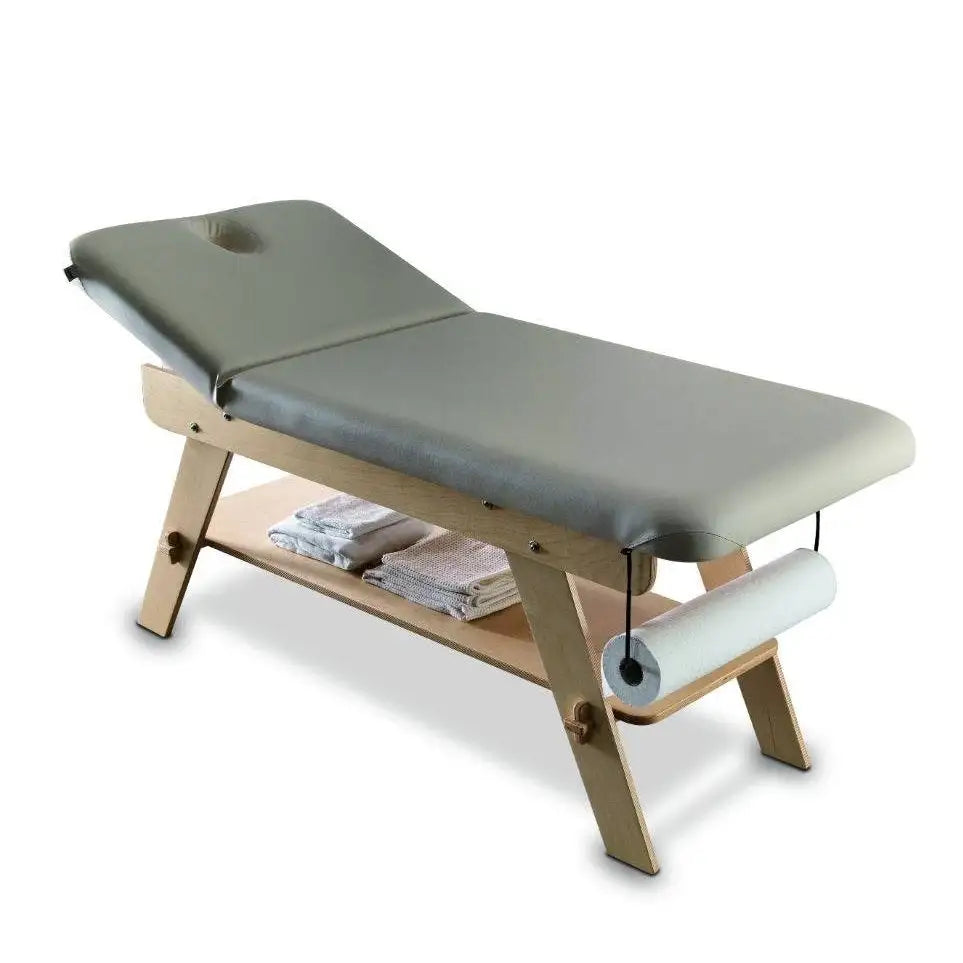 LEMI Sowelle Essential Fixed Wooden Base With Shelf and Manual Backrest Spa Table With Roll Holder and Head Pillow