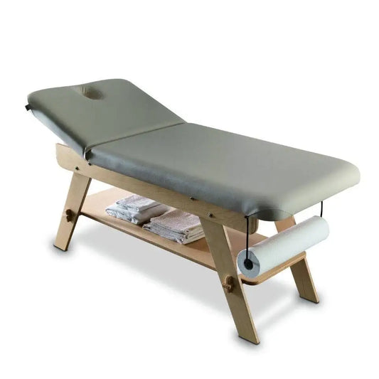 LEMI Sowelle Essential Fixed Wooden Base With Shelf and Manual Backrest Spa Table With Roll Holder and Head Pillow