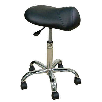 Oakworks Professional saddle seat stool with chromed steel base and contoured saddle