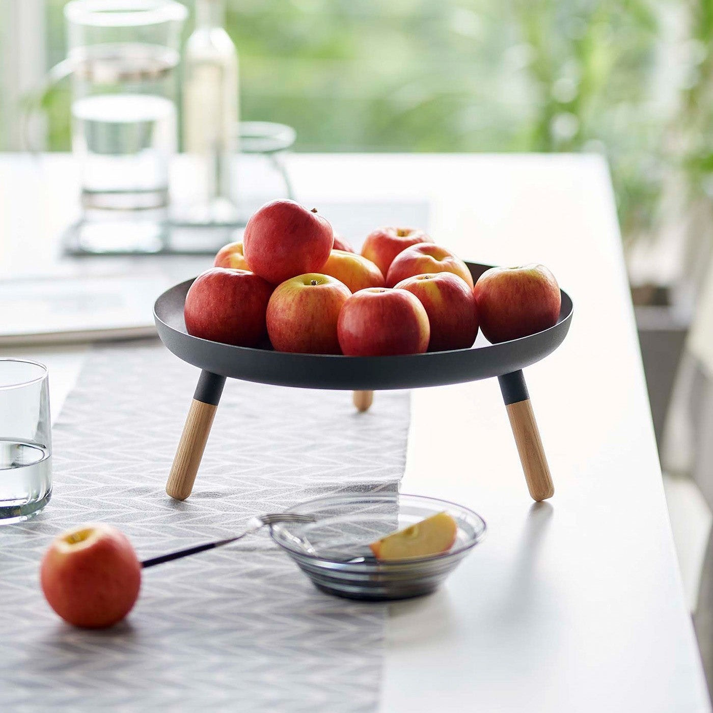 Black Yamazaki Countertop Pedestal Tray with apples on top